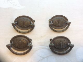 Set Of 4 Vintage Detailed Oval Brass Drawer Pulls/handles,