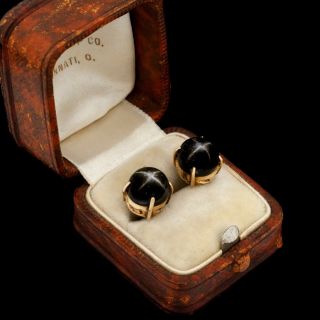 Antique Vintage Art Deco Retro 14k Rose Gold Black Star Sapphire Stud Earrings