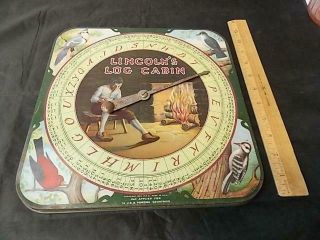 Vintage 1924 Tin Litho Large Bingo Game Spinner Lincoln ' s Log Cabin & Birds 4