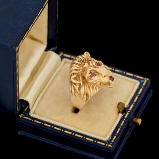 Antique Vintage Art Deco 14k Yellow Gold Ruby Lion Figural Mens Band Ring S 8.  75