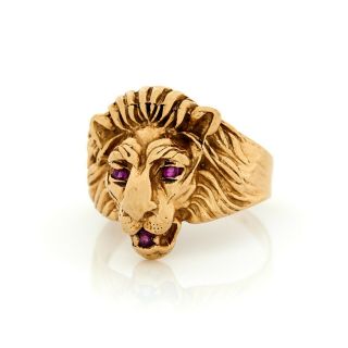 Antique Vintage Art Deco 14k Yellow Gold Ruby Lion Figural Mens Band Ring S 8.  75 2