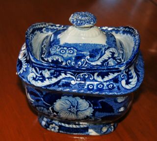 Early 19th C.  Staffordshire Blue Sugar Bowl W/ Orig.  Lid,  Flower & Basket Design