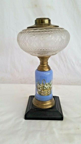 Antique Pressed Glass Oil Lamp With Reverse Painted Glass Pedestal Base 12 " Tall