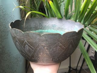 Old Chinese Hammered Copper Bowl Lotus Leaf Hand Engraved Motif Art Deco 5