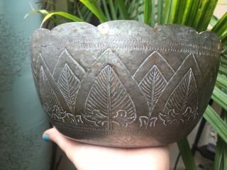 Old Chinese Hammered Copper Bowl Lotus Leaf Hand Engraved Motif Art Deco 7