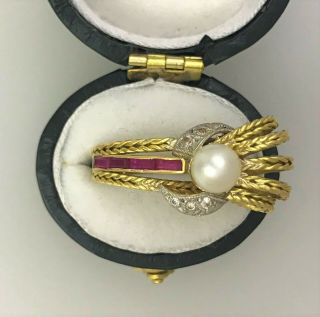 18ct Gold Handmade 70 ' s Vintage Ring with Pearl Rubies & Diamonds Size UK L US 6 2