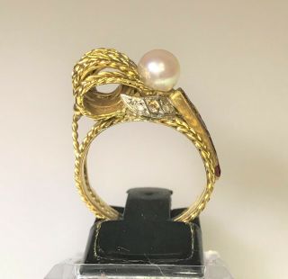 18ct Gold Handmade 70 ' s Vintage Ring with Pearl Rubies & Diamonds Size UK L US 6 3