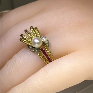 18ct Gold Handmade 70 ' s Vintage Ring with Pearl Rubies & Diamonds Size UK L US 6 4