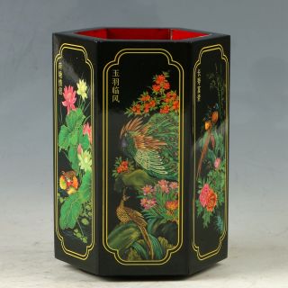 Exquisite Lacquer Ware Handwork Drawed Flower & Bird Brush Pot My0526