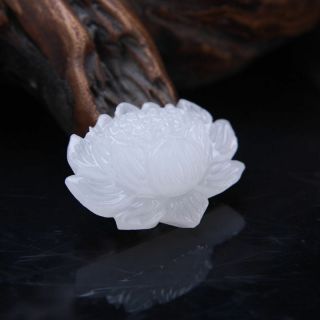 Chinese pure natural white jade hand - carved lotus flower pendant 3