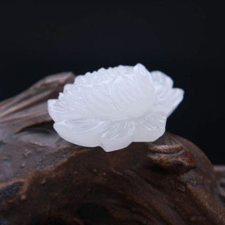 Chinese pure natural white jade hand - carved lotus flower pendant 4