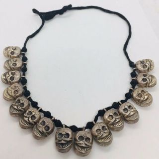 Rare Vintage Sterling Silver Figural Skull 15 Charm Necklace