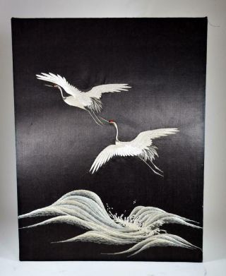 Fine Quality Vintage Chinese Embroidered Silk Flying Cranes Picture Scroll