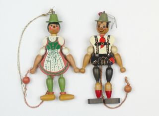 Vintage Wood Pull String Jumping Jack Puppets Tyrolean Folk Art Couple Austria