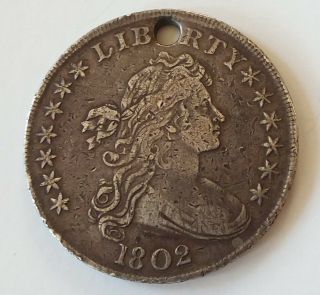 1802 Antique Early Us Draped Bust Silver Dollar Holed,  Xf Devices Heraldic Eagle