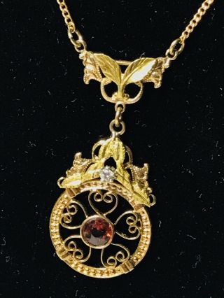 Fine Antique Victorian 14k Gold Garnet Diamond Lavaliere Pendant Necklace 18 In
