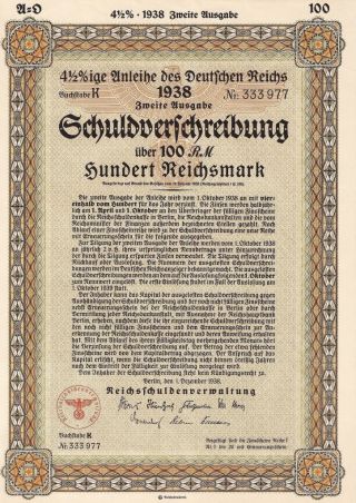 Rare 100 Rm German War Bond Reichs Eagle (cv: $299.  95) - Uncancelled