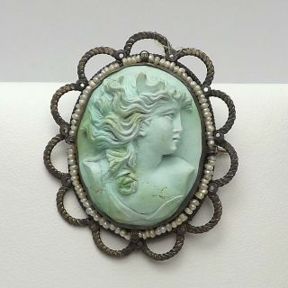 Georgian Carved Blue Lava Cameo High Relief Seed Pearl Brooch Pin Italian Silver