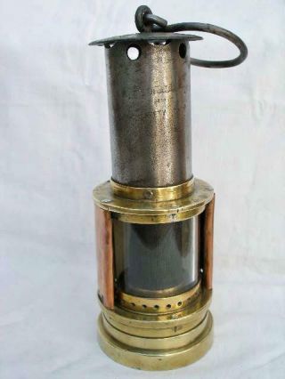 Antique Brass Copper & Steel Donald ' s Patent Miners Lamp With Gauze Inside Glass 10