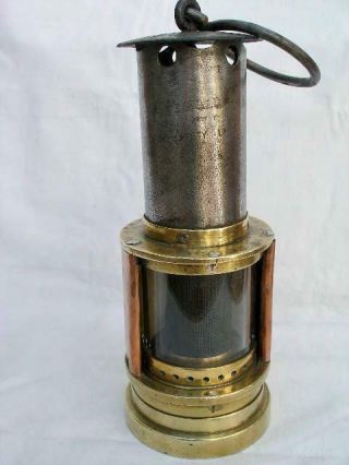Antique Brass Copper & Steel Donald ' s Patent Miners Lamp With Gauze Inside Glass 11