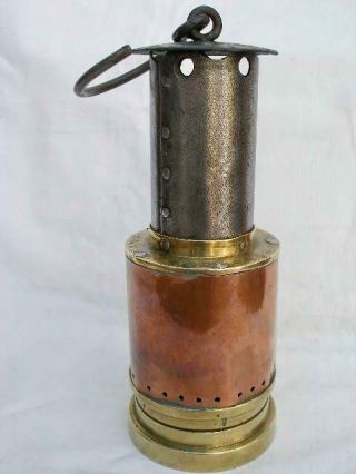 Antique Brass Copper & Steel Donald ' s Patent Miners Lamp With Gauze Inside Glass 12