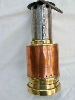 Antique Brass Copper & Steel Donald ' s Patent Miners Lamp With Gauze Inside Glass 2