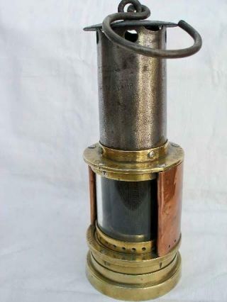 Antique Brass Copper & Steel Donald ' s Patent Miners Lamp With Gauze Inside Glass 3