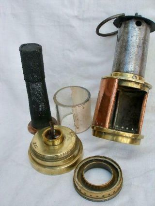 Antique Brass Copper & Steel Donald ' s Patent Miners Lamp With Gauze Inside Glass 4