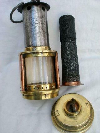 Antique Brass Copper & Steel Donald ' s Patent Miners Lamp With Gauze Inside Glass 6