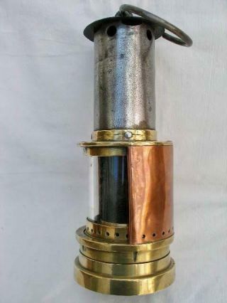Antique Brass Copper & Steel Donald ' s Patent Miners Lamp With Gauze Inside Glass 7