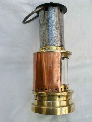 Antique Brass Copper & Steel Donald ' s Patent Miners Lamp With Gauze Inside Glass 8