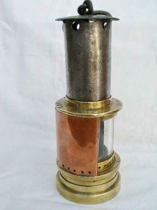 Antique Brass Copper & Steel Donald ' s Patent Miners Lamp With Gauze Inside Glass 9