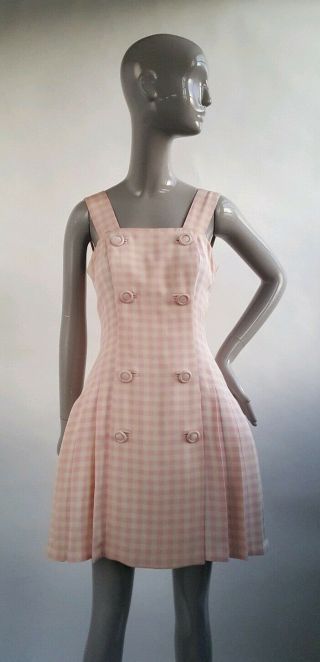 VTG S/S 94 Gianni Versace Couture Pink & Ivory Silk Gingham Dress Safety Pin Col 2