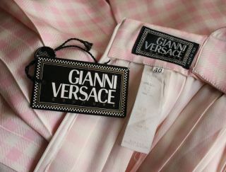 VTG S/S 94 Gianni Versace Couture Pink & Ivory Silk Gingham Dress Safety Pin Col 4