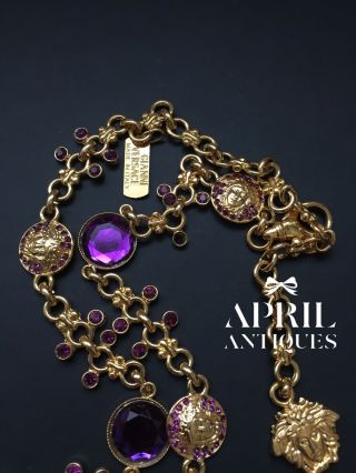 Vintage Gianni Versace Goldtone Chain Purple Glass necklace 3