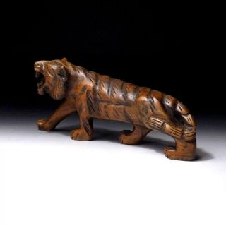Vr3: Vintage Japanese Woodcarving Figurine,  Tiger,  Natural Wood