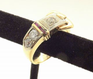 Vintage Estate 14k Yellow Gold Buckle Ring W/ Diamonds And Rubies.  30 Tcw