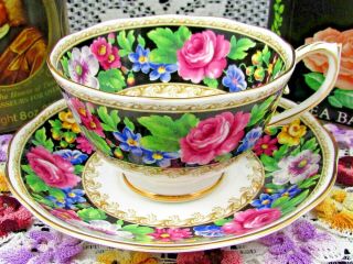 Roslyn Black Velvet Pattern Pink Rose Floral Tea Cup And Saucer
