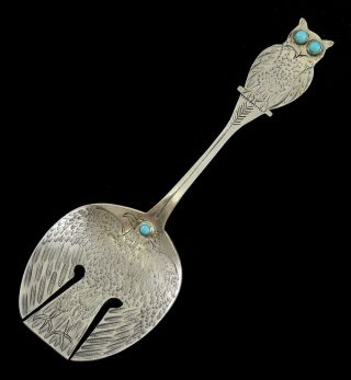 Antique Native American Indian Sterling Silver Turquoise Owl Eagle Serving Spoon