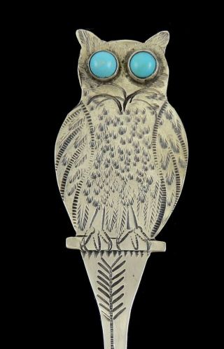 Antique Native American Indian Sterling Silver Turquoise Owl Eagle Serving Spoon 2