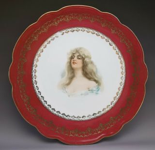 Antique Mz Austria Large Burgundy Red Charger Portrait Plate Porcelain