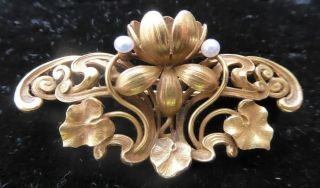 Antique Art Nouveau 14k Yellow Gold Seed Pearl Lotus Flower Pin,  7.  4g,  1 3/4 "