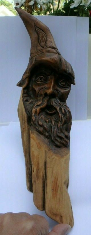 Vintage Wood Carving Of Wizard Or Old Man In Hat Wall Folk Art,  1985 Signed