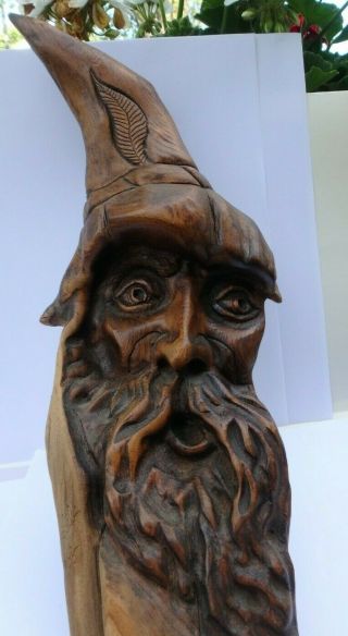 Vintage Wood Carving of Wizard or Old Man in Hat Wall Folk Art,  1985 Signed 2