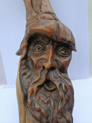 Vintage Wood Carving of Wizard or Old Man in Hat Wall Folk Art,  1985 Signed 3