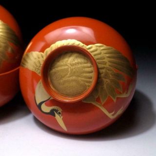 XE7: Vintage Japanese Lacquered Wooden Covered Bowls,  MAKIE,  Crane 2