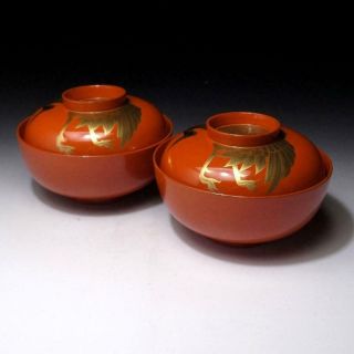 XE7: Vintage Japanese Lacquered Wooden Covered Bowls,  MAKIE,  Crane 3