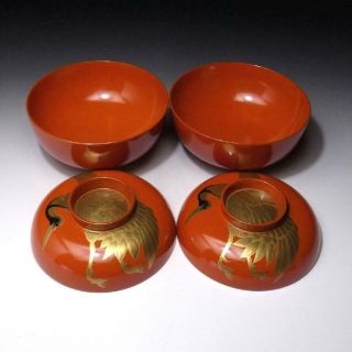XE7: Vintage Japanese Lacquered Wooden Covered Bowls,  MAKIE,  Crane 5