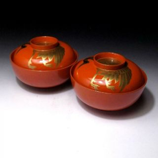 XE7: Vintage Japanese Lacquered Wooden Covered Bowls,  MAKIE,  Crane 7