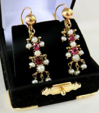 Antique Natural Pearl & Ruby 14k Gold Dangling Earrings